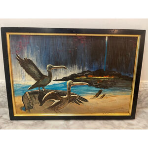 Mid Century Coastal NC Oil Painting on Wood Panel Pelicans Beach Scene 16x11